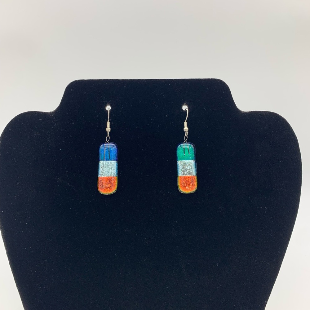Vtg. Artisan Made Vibrant Multi Colorful Dichroic Fused Glass Dangle Earrings